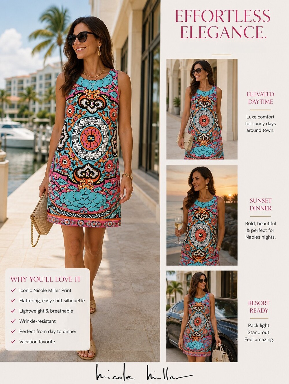 Nicole Miller Vibrant Floral Medallion Shift Dress in Turquoise, Pink & Orange